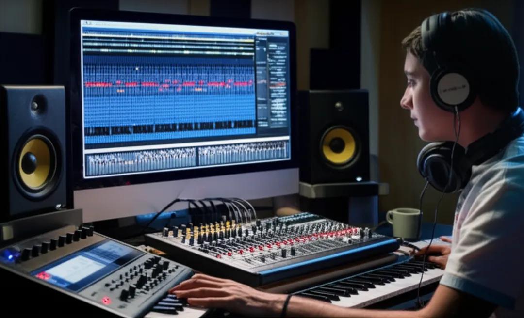 Freelance music producer using DAW in home studio