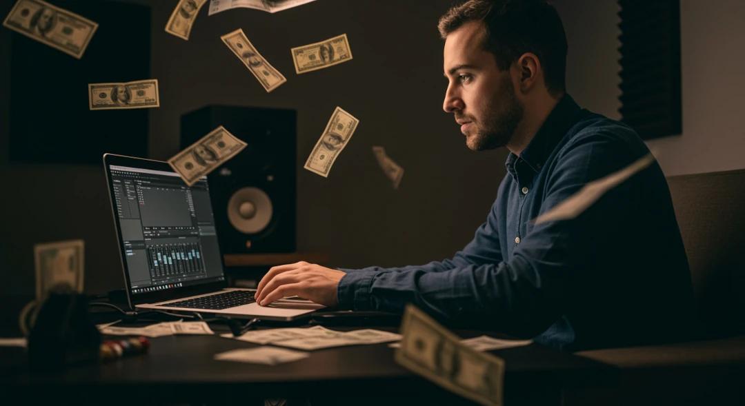Home producer organizing sample packs on laptop in modern studio