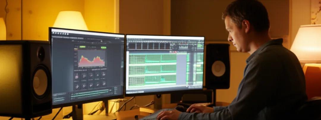 Music producer uploading stock music online from home studio