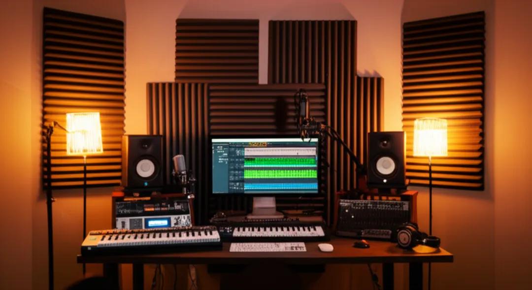 Professional home music studio setup for freelance music production with producer working at computer with professional audio equipment