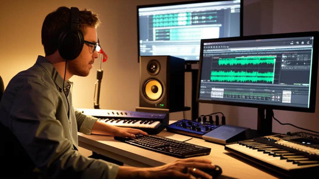 Music producer editing podcast audio at home studio with professional equipment and DAW software