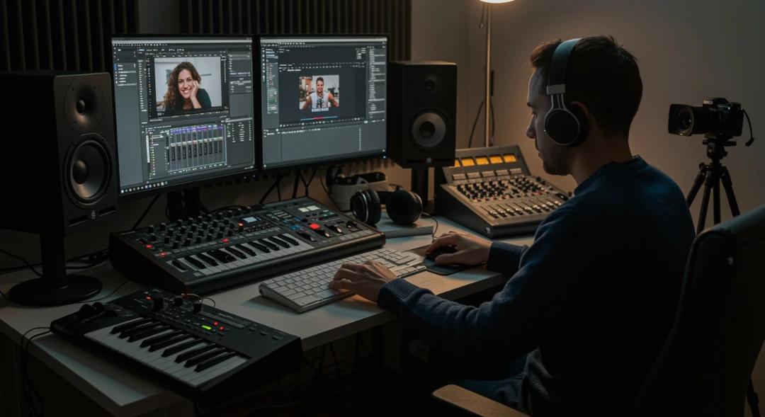  Freelance music producer creating background music for vlogs in a modern home studio
