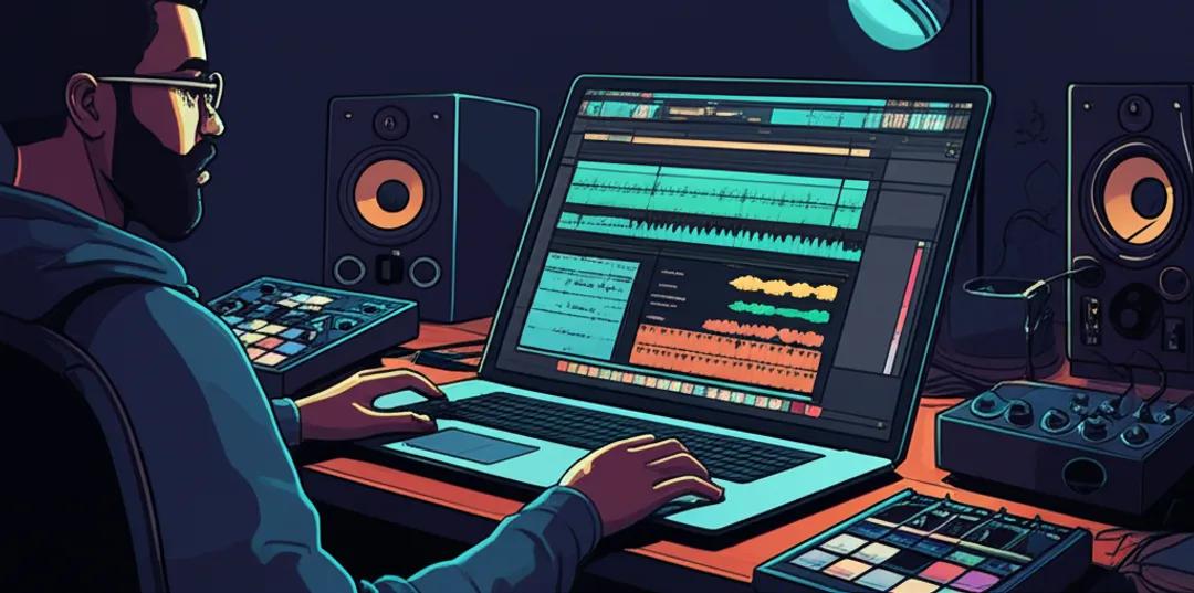 Music producer creating beats with beat making software and digital pads
