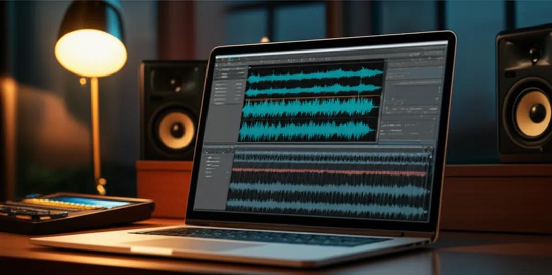 Sound engineer using AI audio enhancement software in home studio