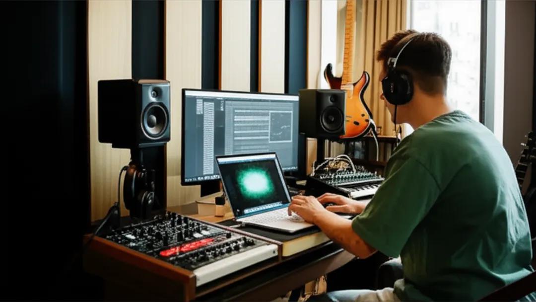Music producer working on laptop in home studio