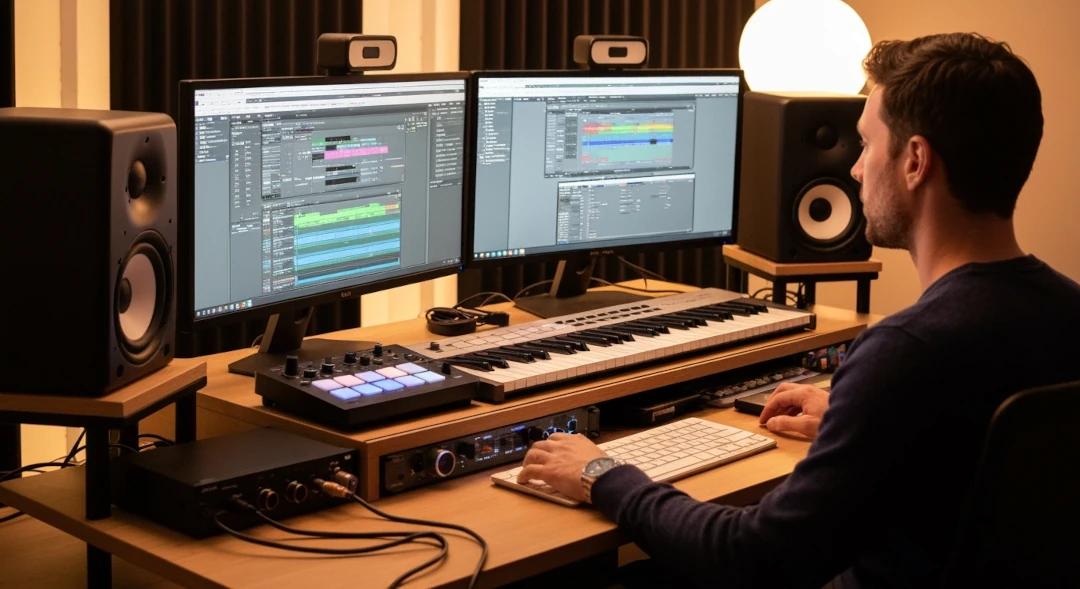 Music producer uploading tracks to Pond5 from home studio with professional audio equipment