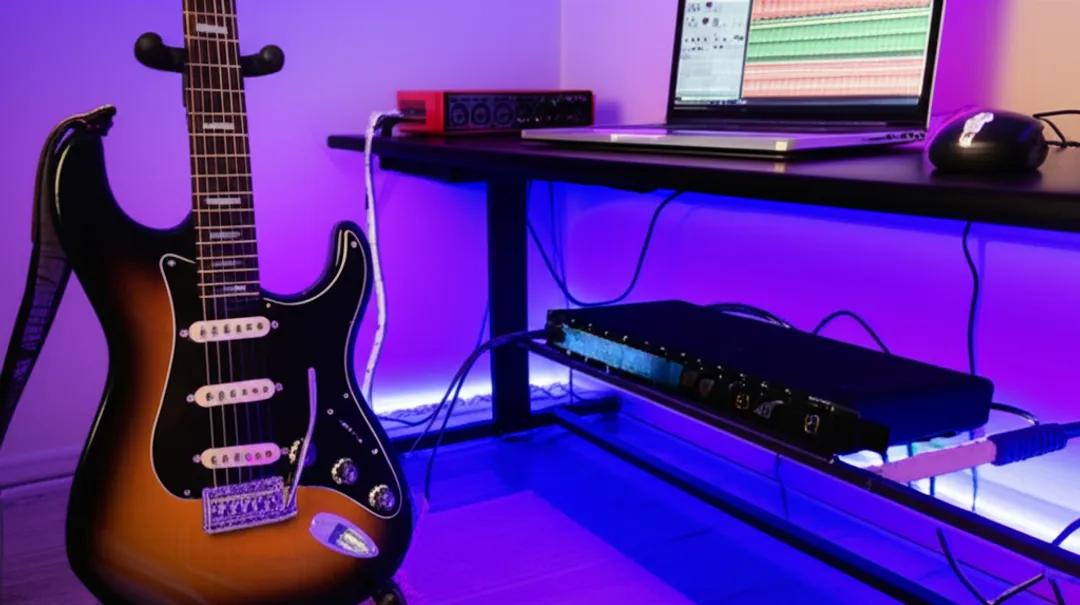 Home music studio setup with electric guitar and audio interface