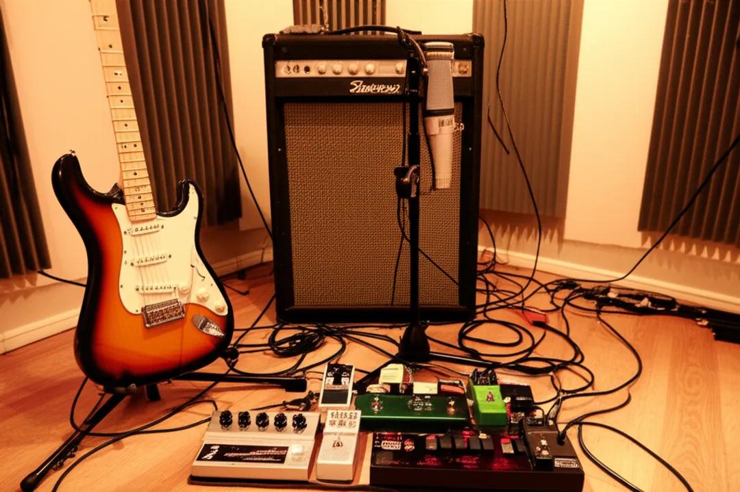 Electric guitar recording setup with amp, microphone and pedals