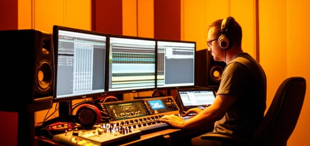 Freelance music producer mixing audio tracks in a home studio setup