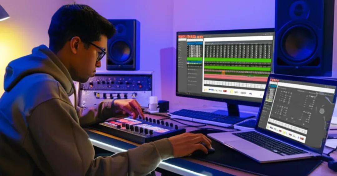 Music producer creating and selling beats online from home studio