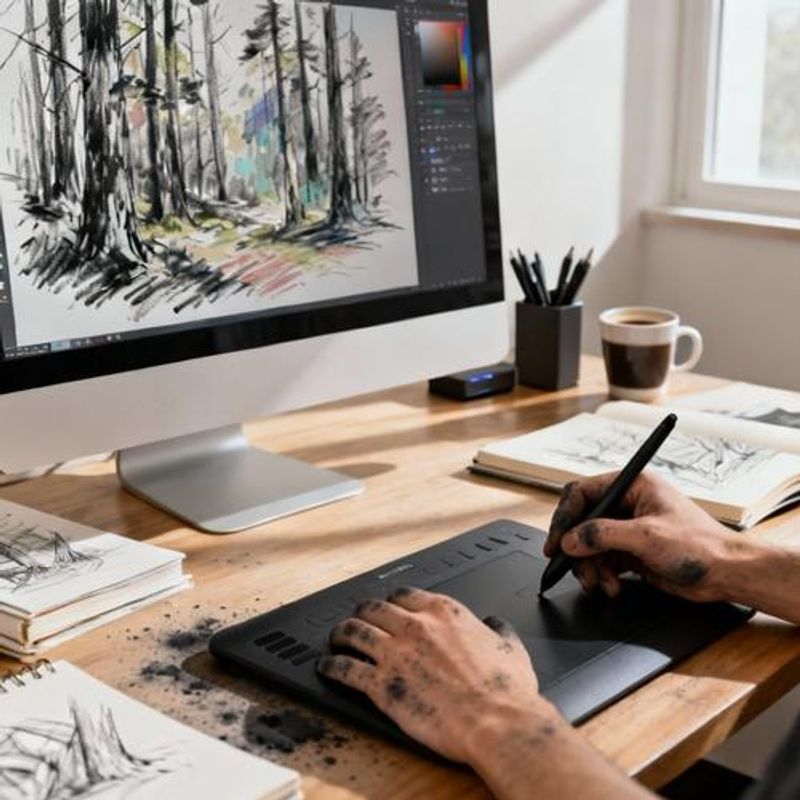 Designer using graphics tablet and stylus to create digital illustration
