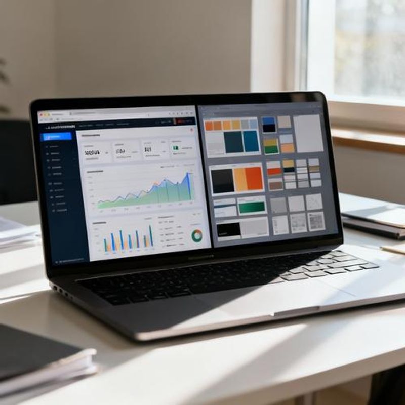 Split screen showing website analytics and design system components