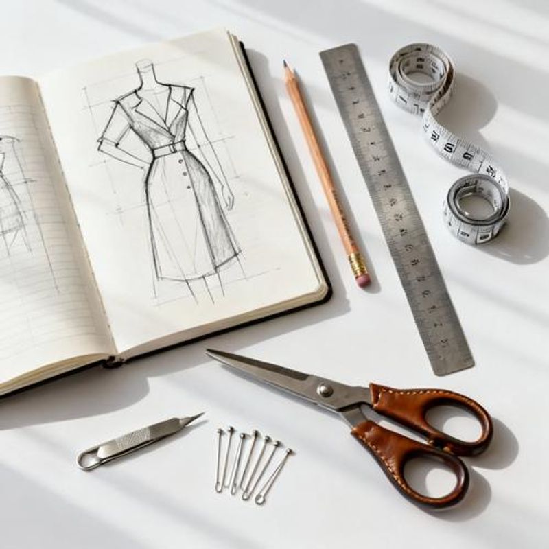 Essential fashion design tools laid out on white background