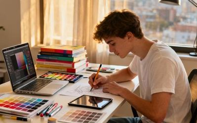 Design student working on laptop with various creative tools and resources spread on desk