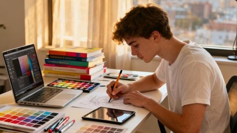 Design student working on laptop with various creative tools and resources spread on desk