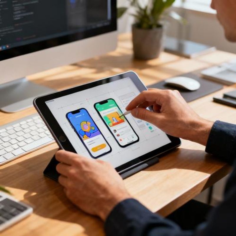 Design student working on a mobile app prototype with animated transitions