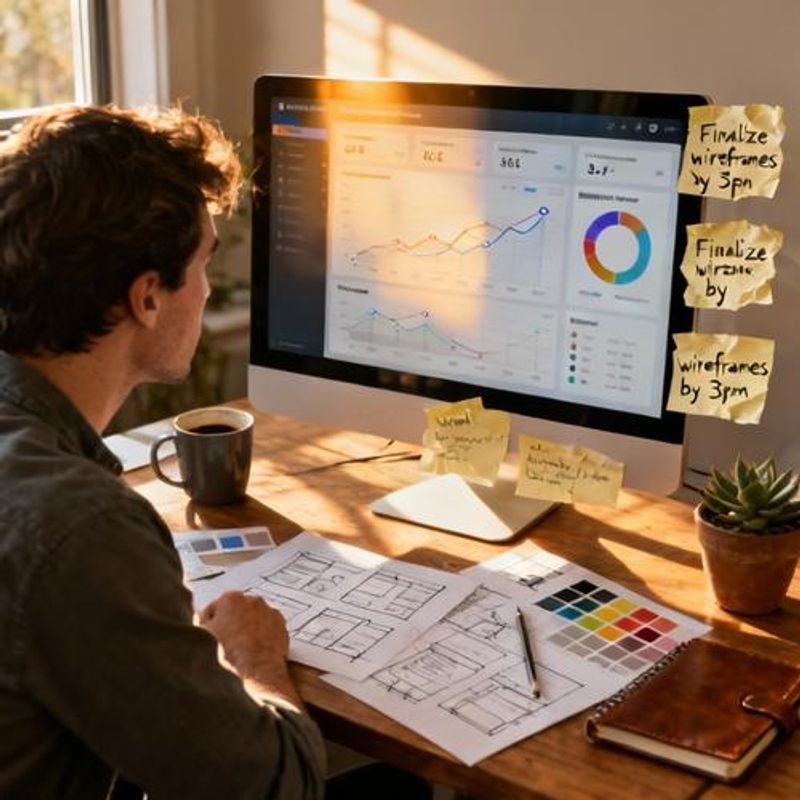 Designer analyzing workflow efficiency with various design tools on screen