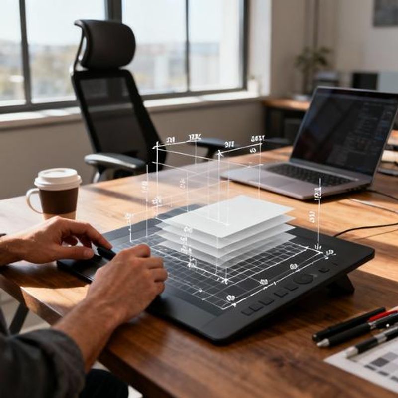 Spatial design workspace showing layered interface elements and dimensional hierarchy