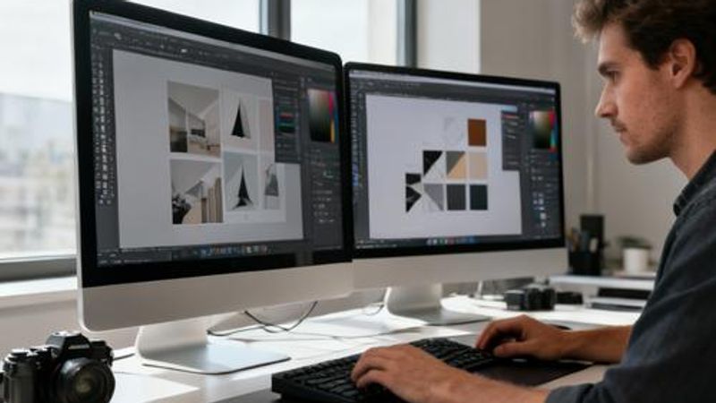 Professional designer working on graphic design software on a modern workstation