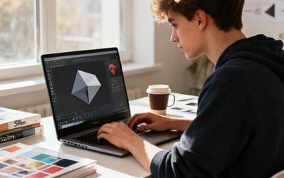 Design student working on 3D models using Spline on laptop with colorful geometric shapes on screen