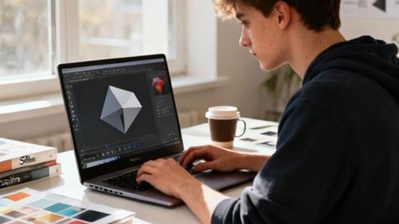 Design student working on 3D models using Spline on laptop with colorful geometric shapes on screen