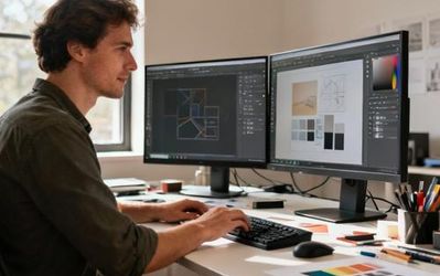 Designer working with multiple design tools on dual monitors in modern office setup