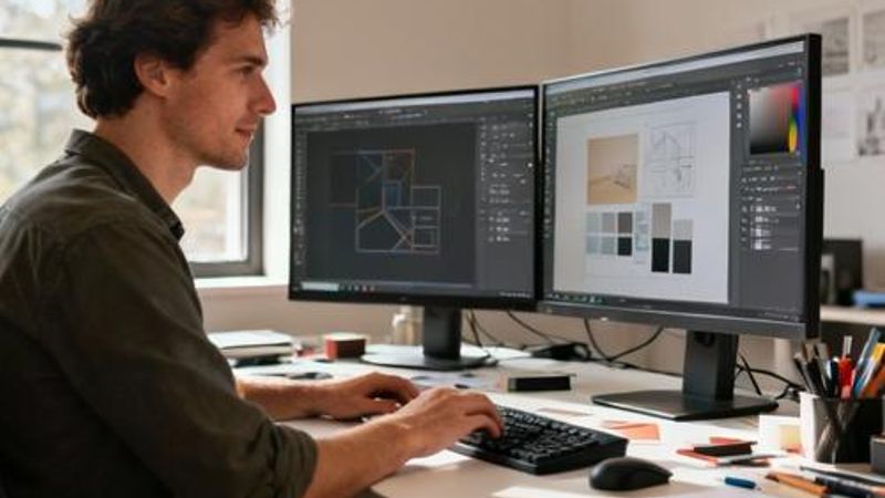 Designer working with multiple design tools on dual monitors in modern office setup