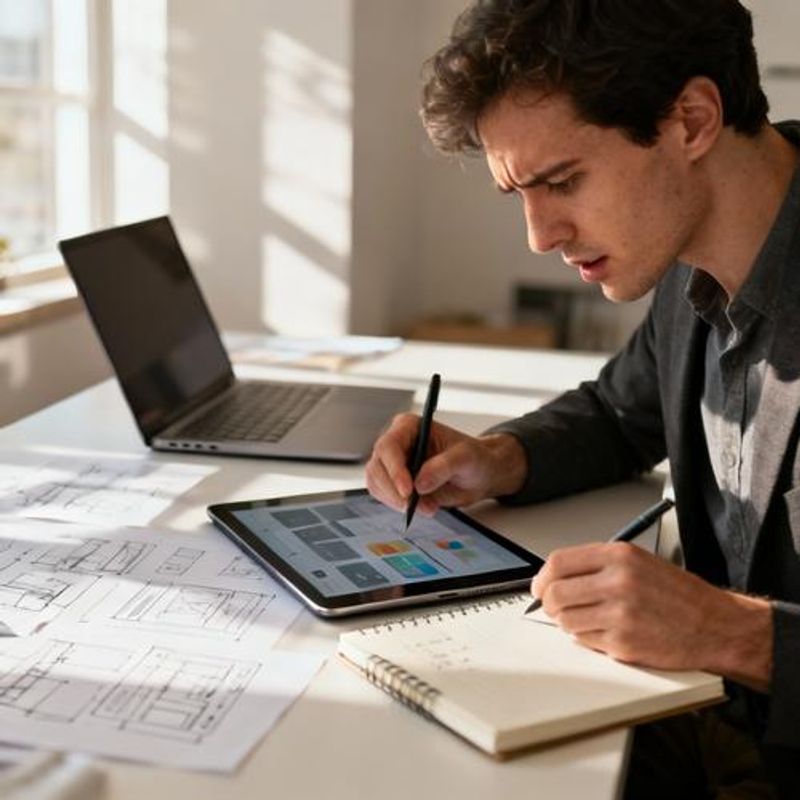 Designer testing interactive prototype on tablet while taking notes