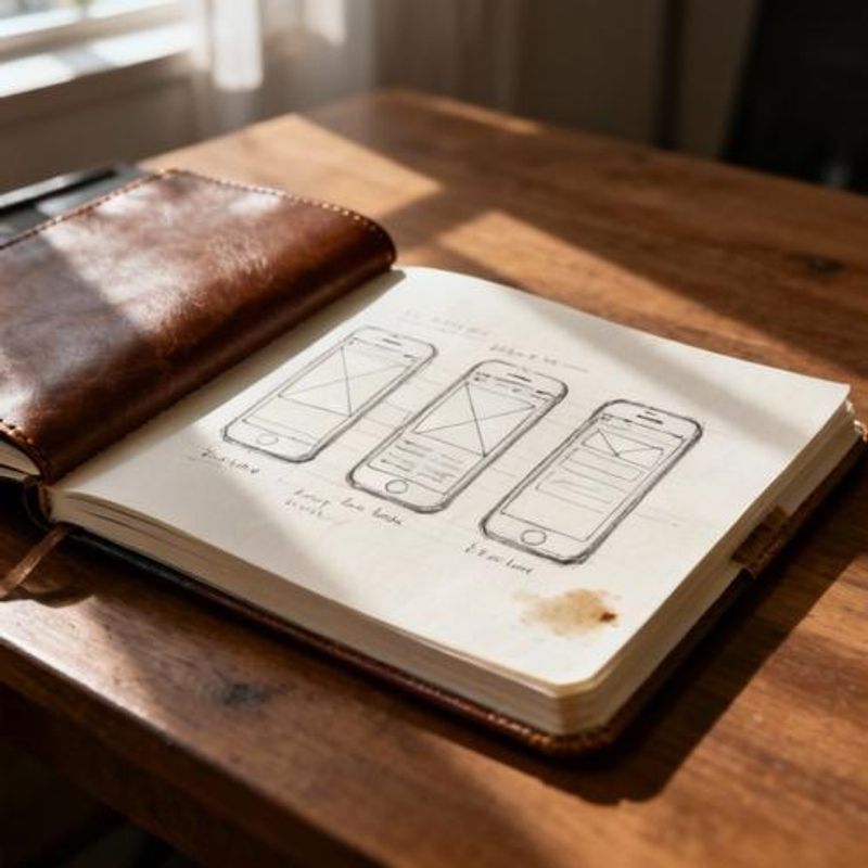 Hand-drawn mobile app wireframe sketches on notebook paper