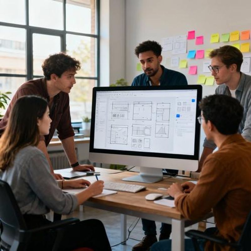 Team collaboration session with designers and product managers around computer screens