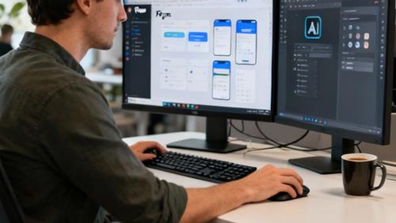 Designer working with AI tools on dual monitors showing UI designs and AI interface