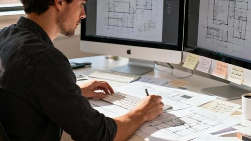 Designer working on documentation at a modern workspace with multiple screens showing design specs