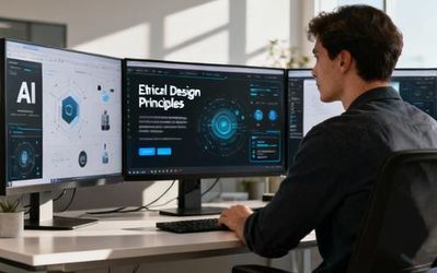 Designer working on AI interface with ethical guidelines displayed on screen