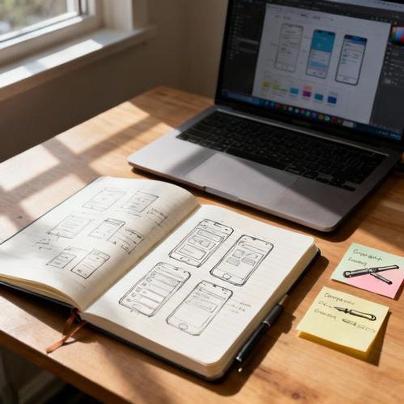 Organized workspace showing design project timeline and tool comparison notes