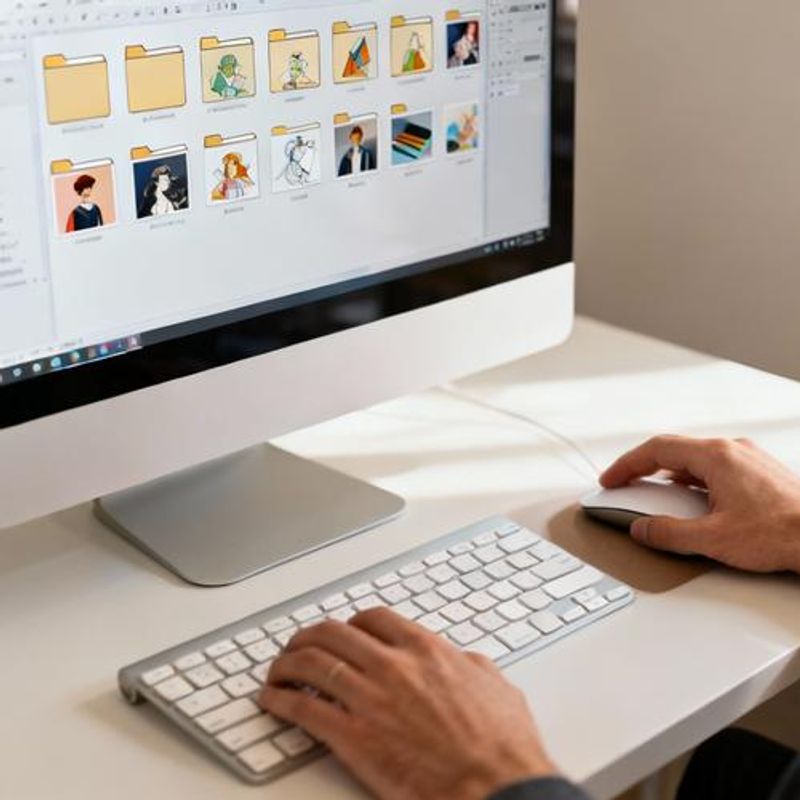 Designer organizing illustration files in folders on computer desktop