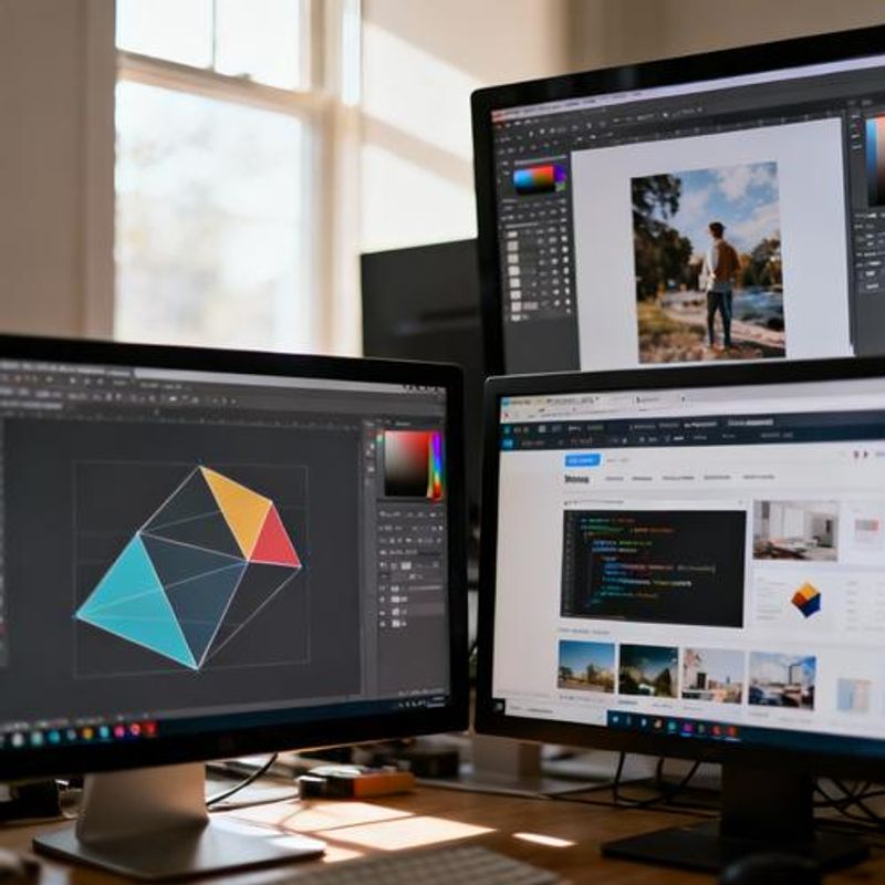 Various design software interfaces displayed on computer screens showing different design tools