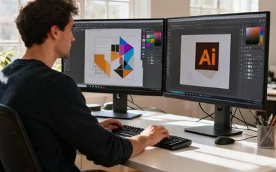 Professional designer working with AI tools on multiple monitors in modern studio