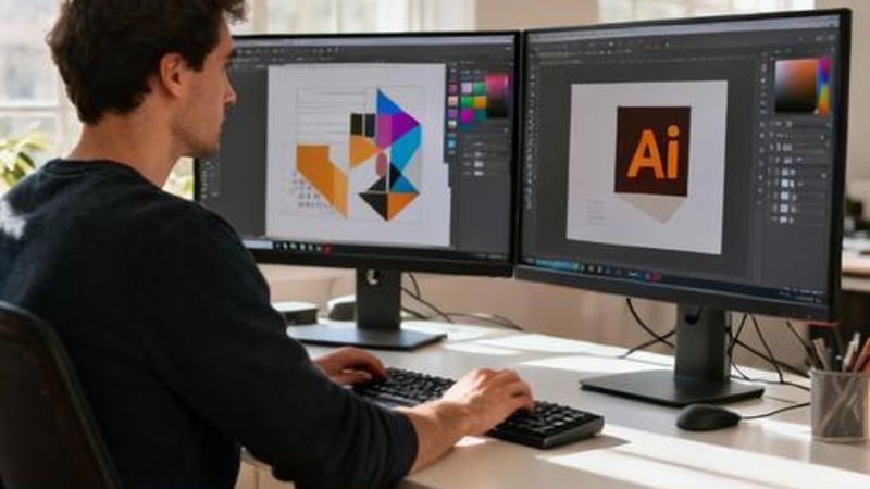 Professional designer working with AI tools on multiple monitors in modern studio