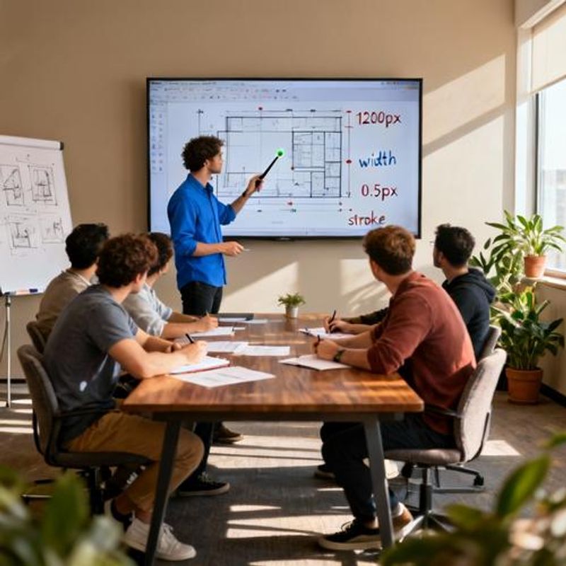 Designer explaining design specs to developers using documentation tool on screen
