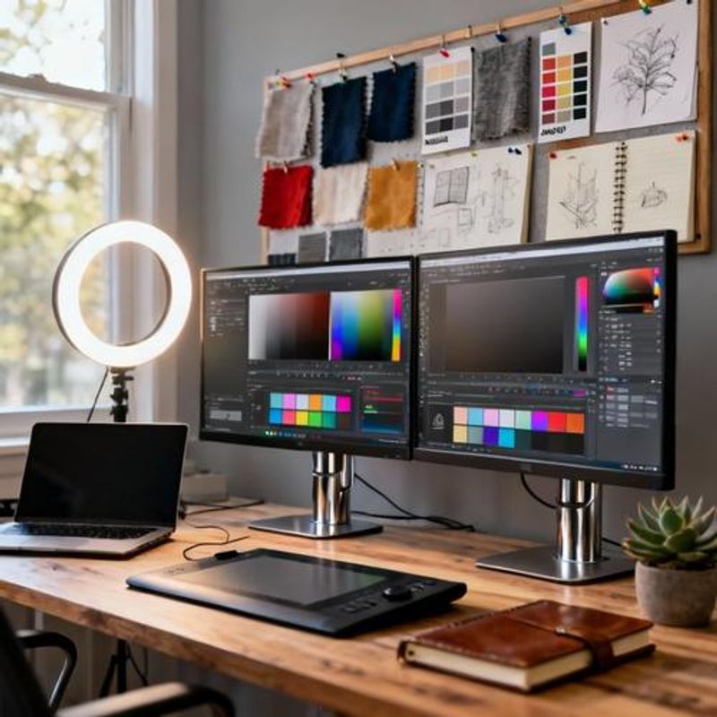Organized design workspace with multiple monitors, color swatches, and design inspiration boards