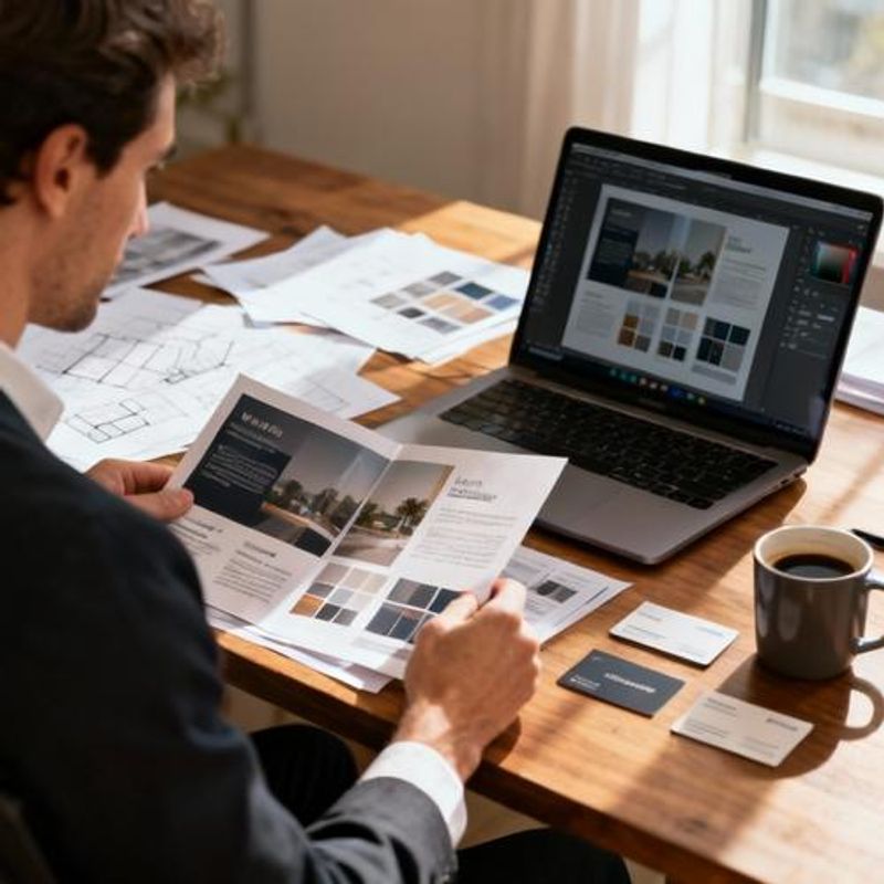 Designer reviewing printed design materials and digital versions side by side