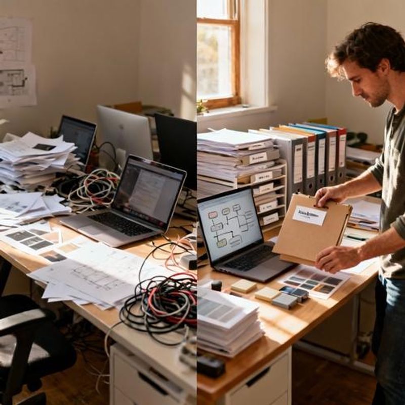 Designer implementing new workflow system with visible before and after organization