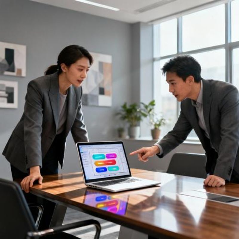 Designer presenting interactive prototype to client on laptop screen during meeting