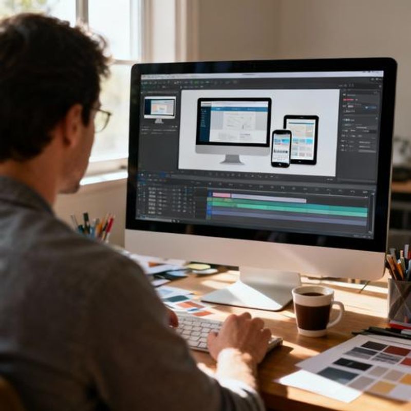 Designer creating responsive web layouts with animation timeline visible