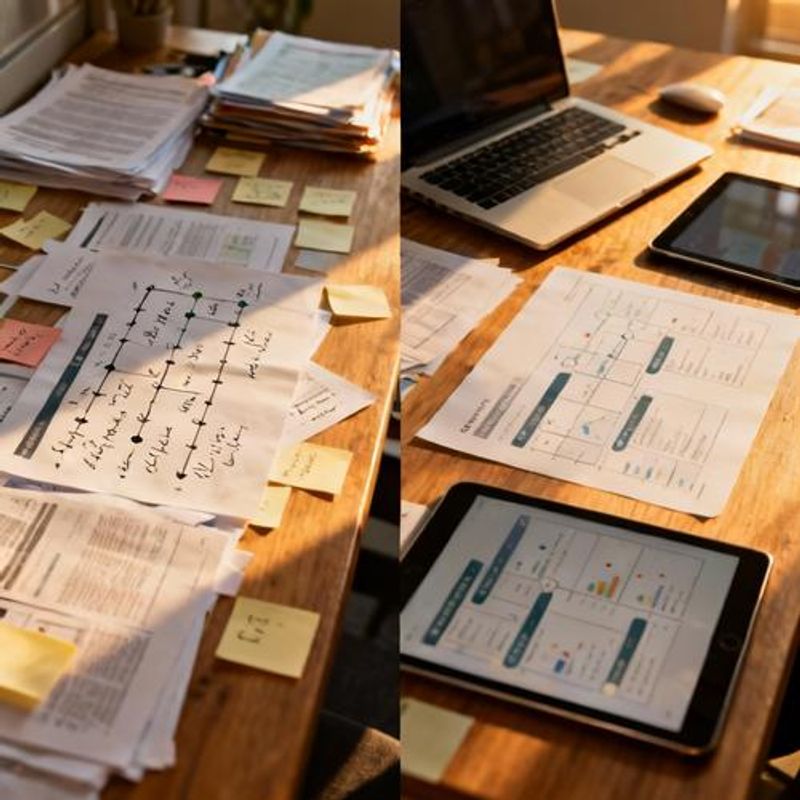 Before and after comparison showing messy design process versus organized AI-assisted workflow with clear stages
