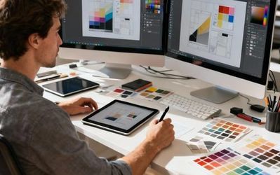 Mid-level designer working on multiple design projects with various design tools displayed on computer screens