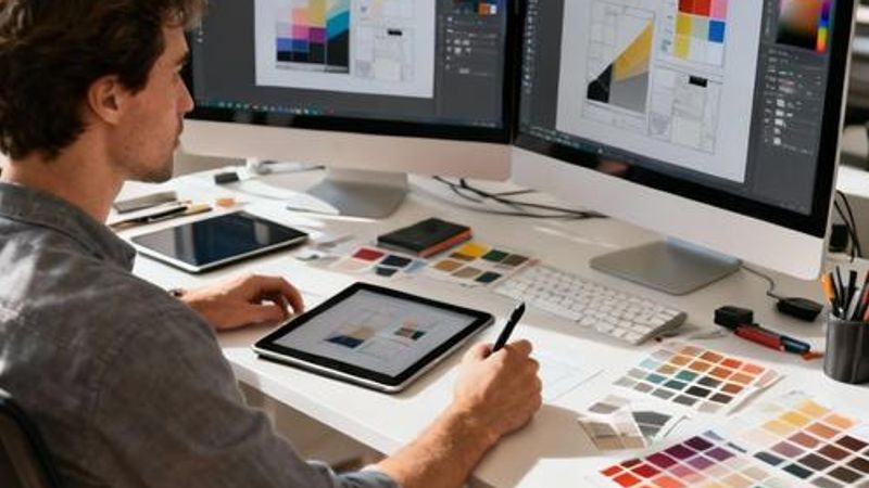 Mid-level designer working on multiple design projects with various design tools displayed on computer screens