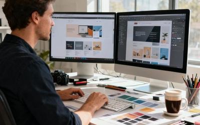 Designer working on modern web interface comparing design tools on dual monitors