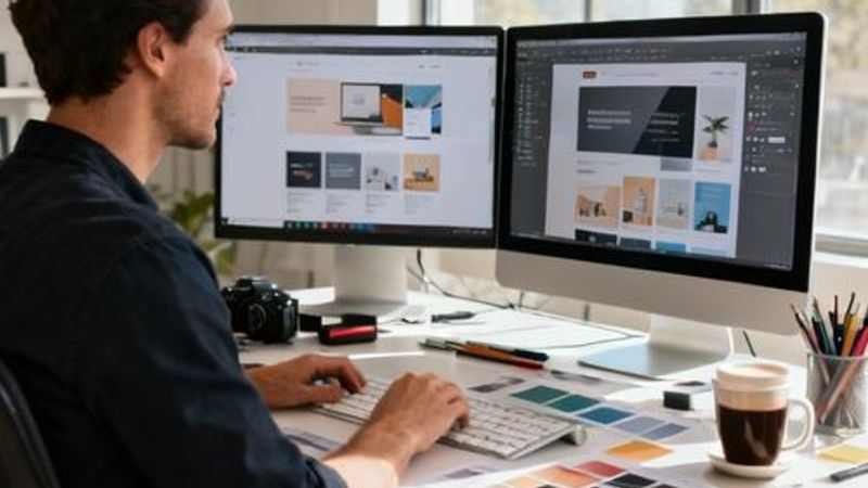 Designer working on modern web interface comparing design tools on dual monitors