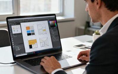 Product manager reviewing design mockups on laptop with design tools interface visible